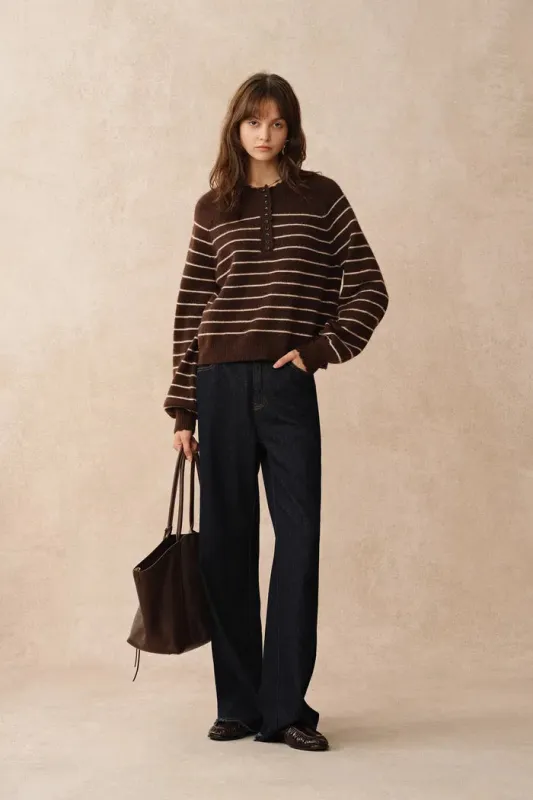 Rhea Scalloped Henley Striped Sweater in Wool-Alpaca Knit made by Fabrique