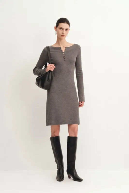 Emily Grey Henley Collar Fitted Short Dress in Merino Wool Knit made by Fabrique