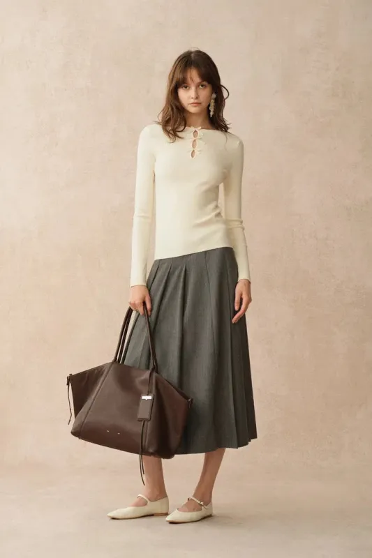 Eden White Bow Tie Cutwork Wool Long Sleeve Top in Merino Wool Knit made by Fabrique