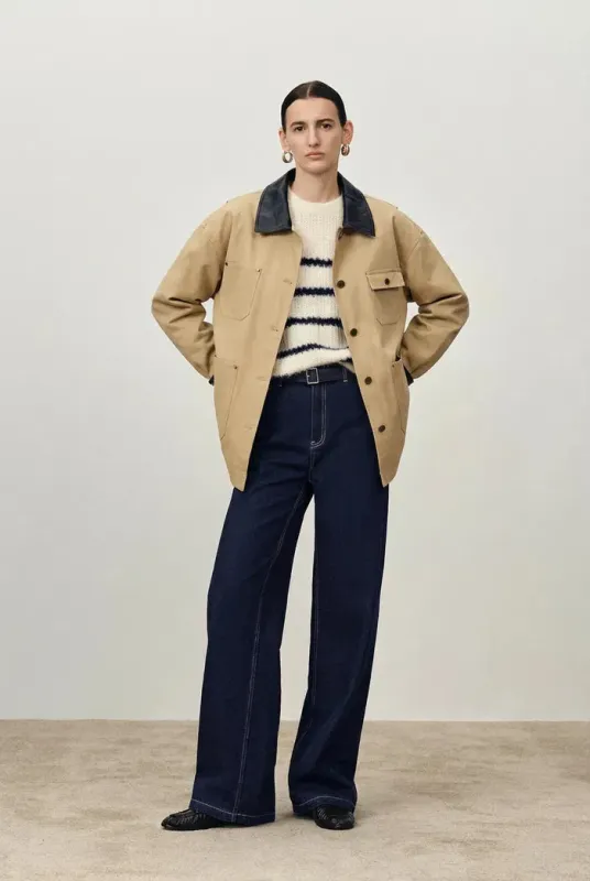 Claire Leather Trim Utility Jacket in Cotton Canvas sold by Fabrique