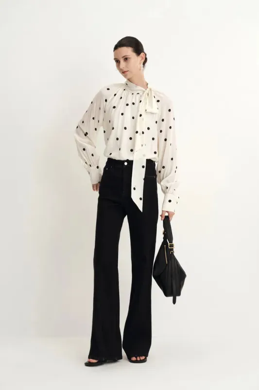 Kari Irregular Polka Dot Flowing Tie Blouse in Silk Satin made by Fabrique