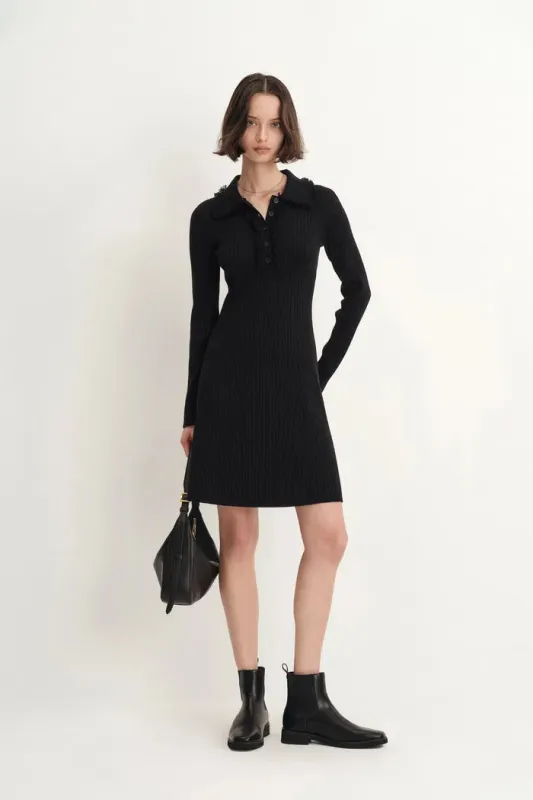 Anja Fringe Collar Long Sleeve Short Dress in Merino Wool Knit made by Fabrique