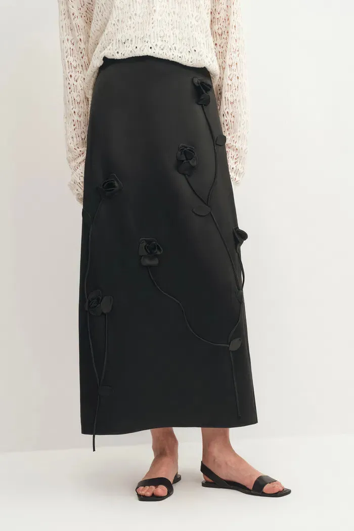 Hana 3D Flora Studded Maxi Skirt in Silk-Wool Satin sold by Fabrique