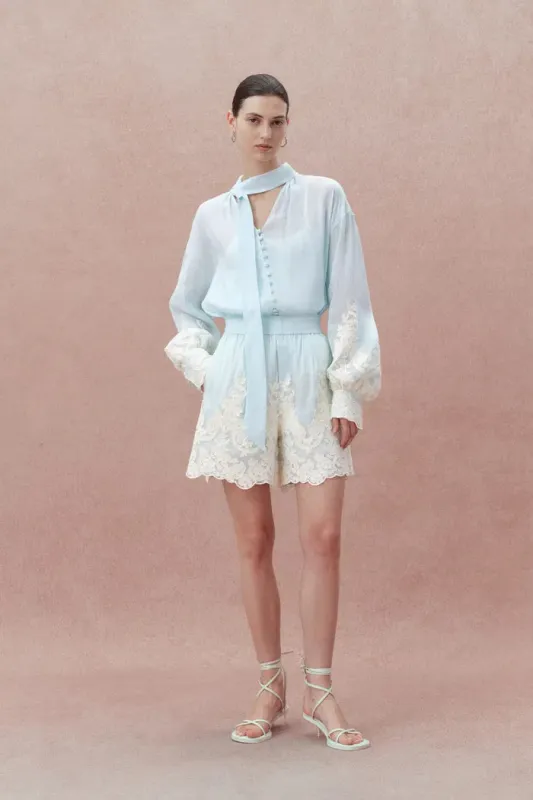 Paz Blue Embroidered Top and Short Matching Set in Silk-Linen Blend made by Fabrique