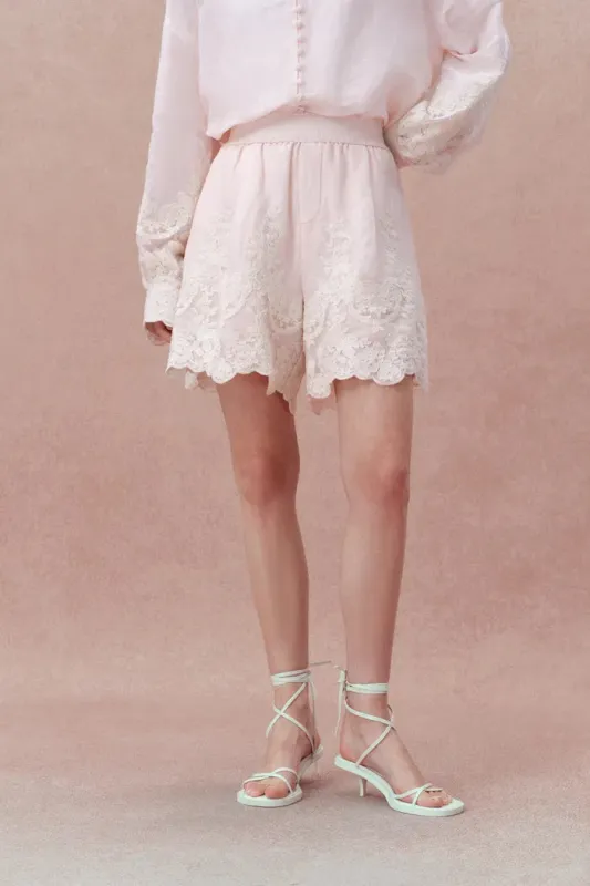 Paz Pink Embroidered Shorts in Silk-Linen Blend made by Fabrique