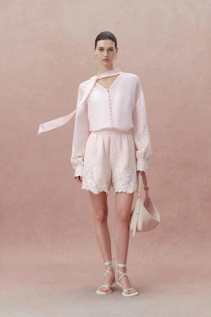 Paz Pink Embroidered Shorts in Silk-Linen Blend sold by Fabrique product image thumbnail 5