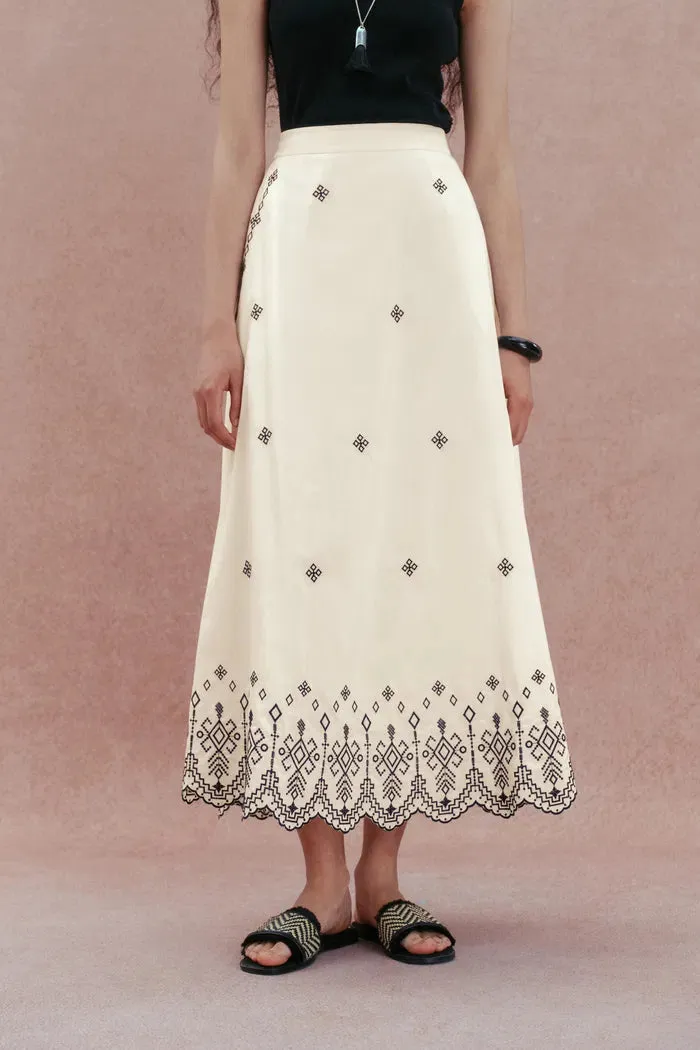 Olivia Scalloped Hem Embroidered Skirt in Premium Silk-Cotton sold by Fabrique