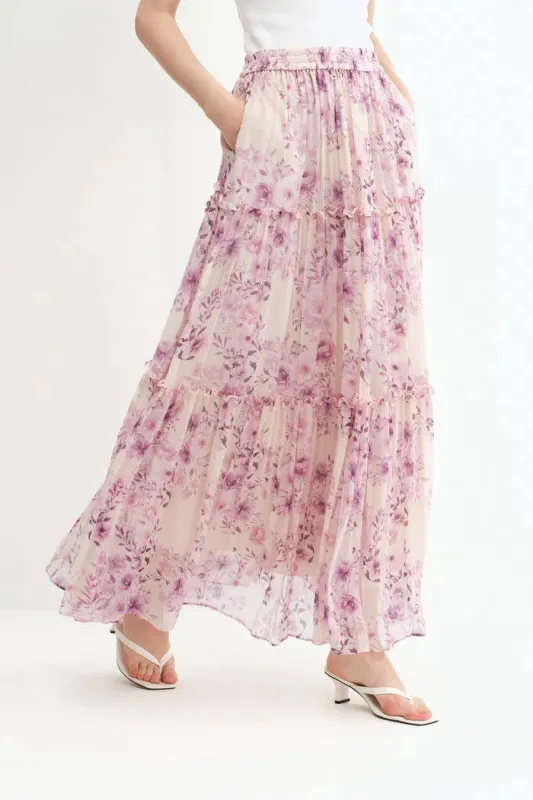 Mia Hand Painted Flora Skirt in Silk-Cotton made by Fabrique