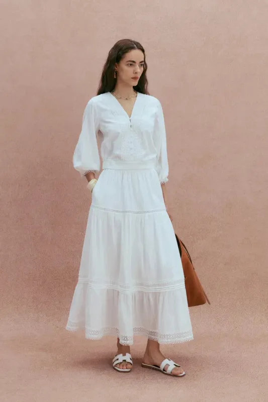 Elli Embroidery Puff Sleeve Blouse Top and Maxi Skirt Matching Set in Cotton made by Fabrique