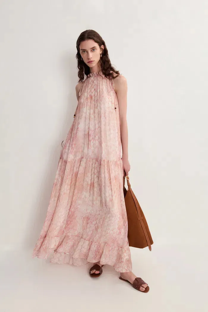Vale Halter Hand Painted Flora Print Halter Dress in Crinkled Rayon sold by Fabrique