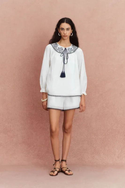 Celia Boho Embroidery Matching Blouse and Shorts Set in Silk-Cotton Blend sold by Fabrique