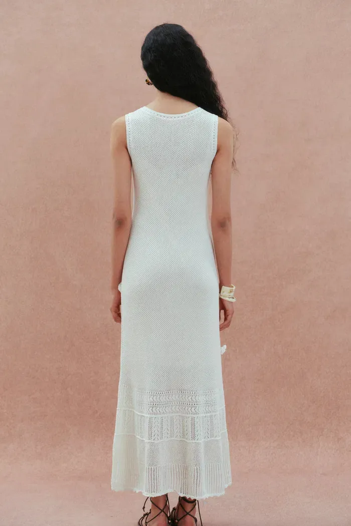Ellie White Sleeveless Floral Crochet Dress in Cotton Linen Knit sold by Fabrique product image thumbnail 2