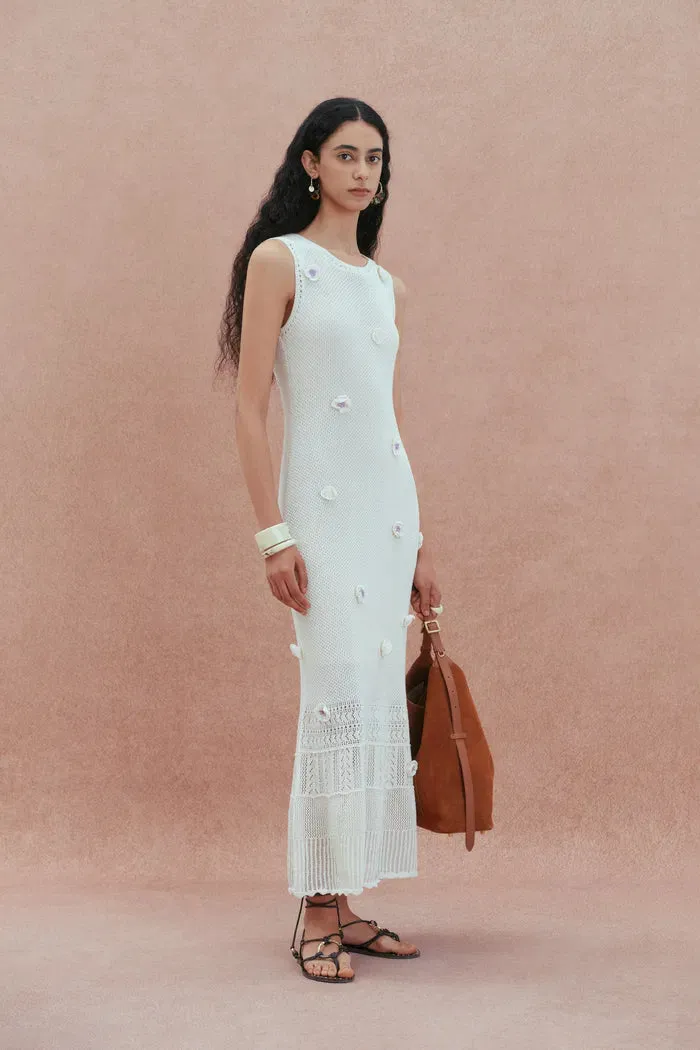 Ellie White Sleeveless Floral Crochet Dress in Cotton Linen Knit sold by Fabrique product image thumbnail 3