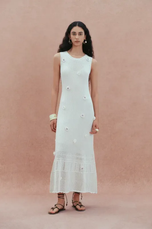 Ellie White  Sleeveless Floral Crochet Dress in Cotton Linen Knit made by Fabrique