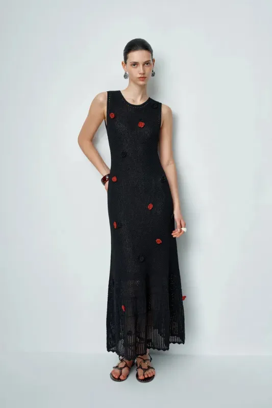 Ellie Black Sleeveless Floral Crochet Dress in Cotton Linen Knit made by Fabrique