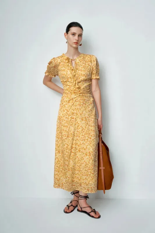 Paula Hand Painted Flora Ruffle Dress in Matte Silk Crepe made by Fabrique