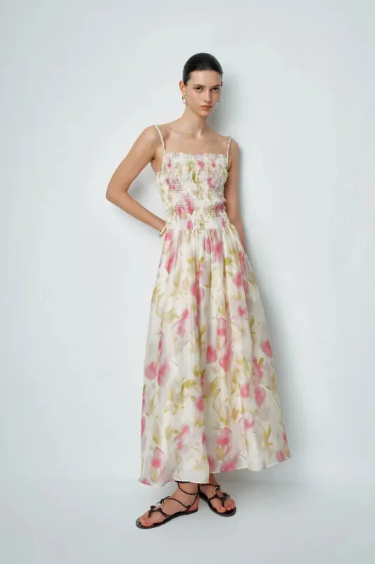 Kari Hand Woven Strap Shirred Dress in Silk-Linen Blend made by Fabrique