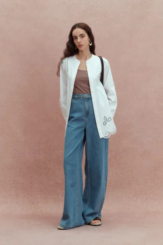 Jolanda Flora Openwork Embroidery Hem Shirt in Premium Cotton sold by Fabrique