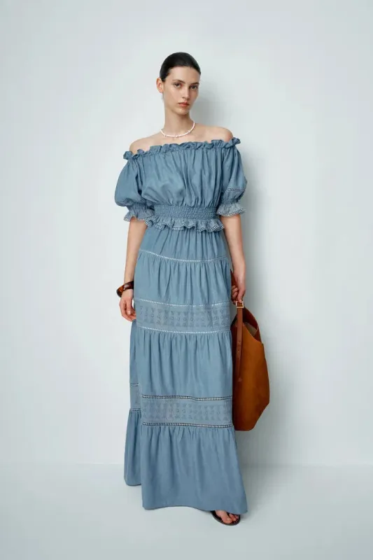 Oluka Ruffle Ruched Off Shoulder Top in Lightweight Denim sold by Fabrique