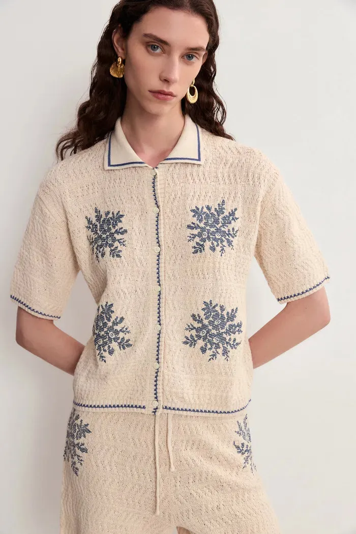 Gracia Embroidered Blue Flora Collared Top and Shorts Matching Set in Linen Blend Knit sold by Fabrique product image thumbnail 5