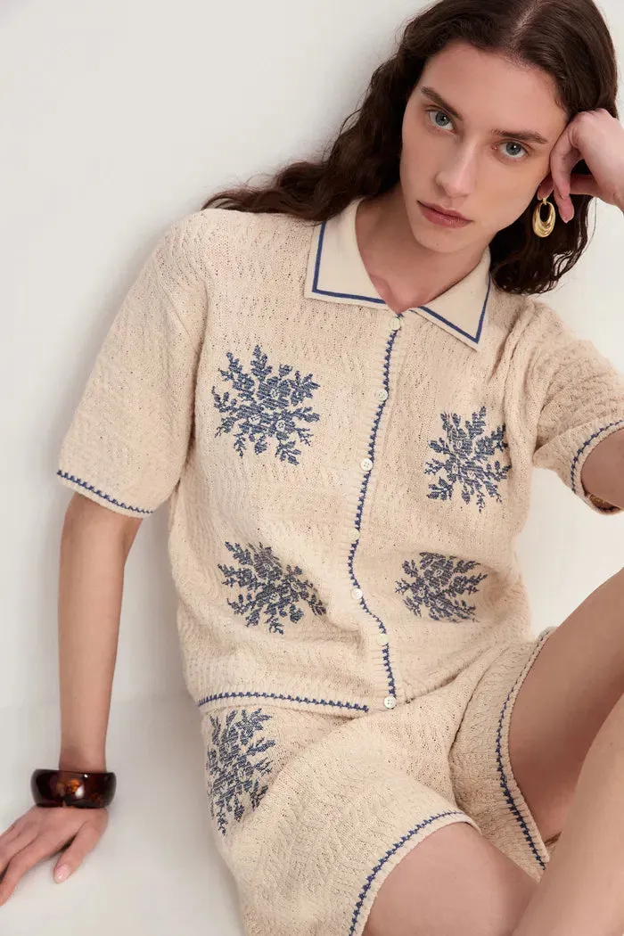 Gracia Embroidered Blue Flora Collared Top and Shorts Matching Set in Linen Blend Knit sold by Fabrique product image thumbnail 2