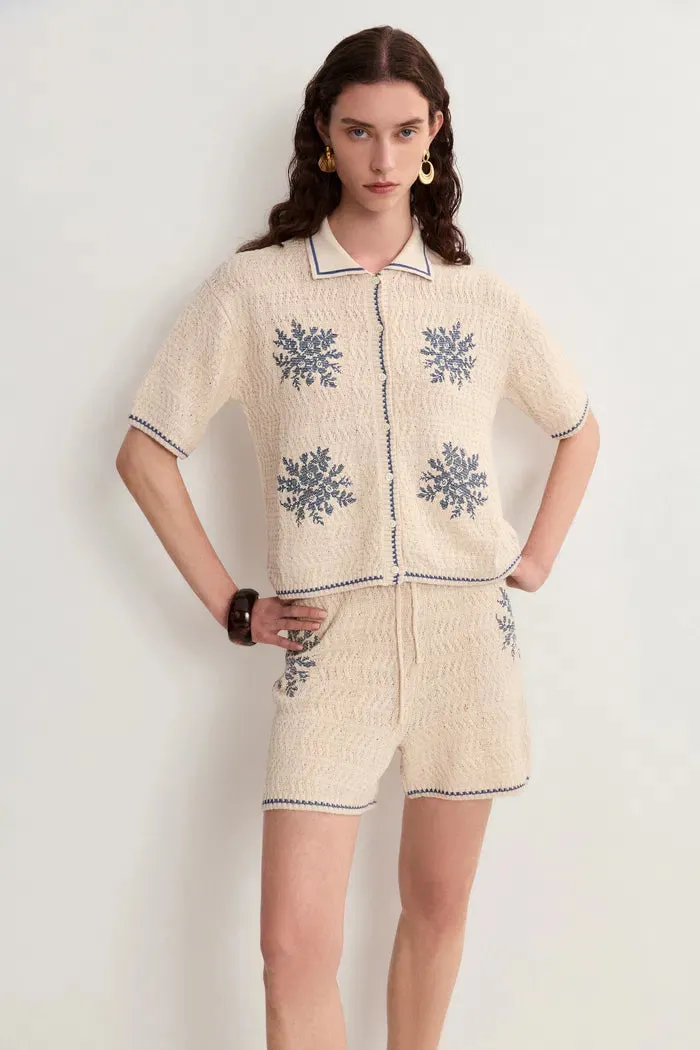 Gracia Embroidered Blue Flora Collared Top and Shorts Matching Set in Linen Blend Knit sold by Fabrique product image thumbnail 3