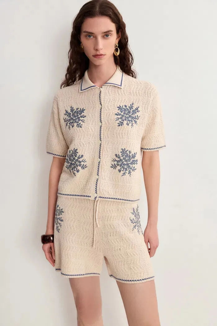 Gracia Embroidered Blue Flora Collared Top and Shorts Matching Set in Linen Blend Knit sold by Fabrique product image thumbnail 4
