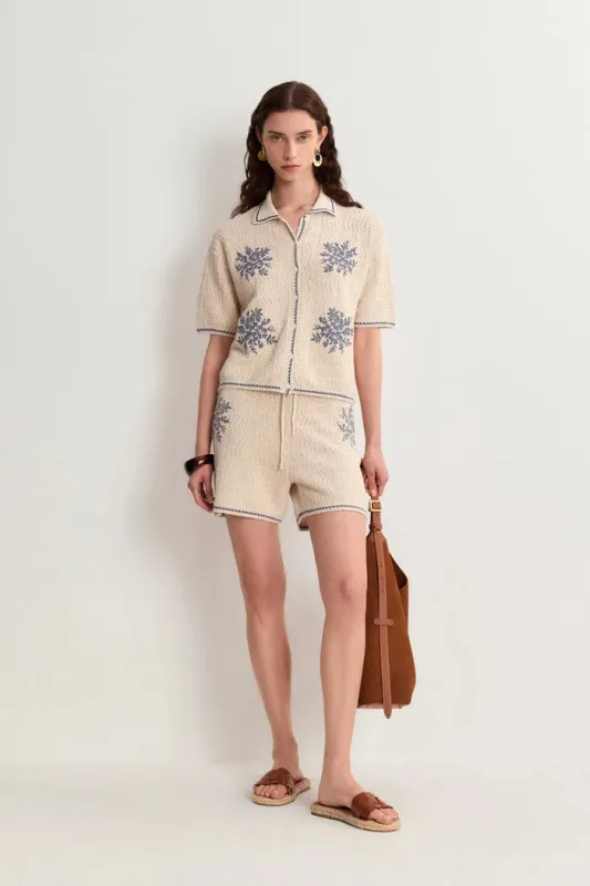 Gracia Embroidered Blue Flora Collared Top and Shorts Matching Set in Linen Blend Knit made by Fabrique