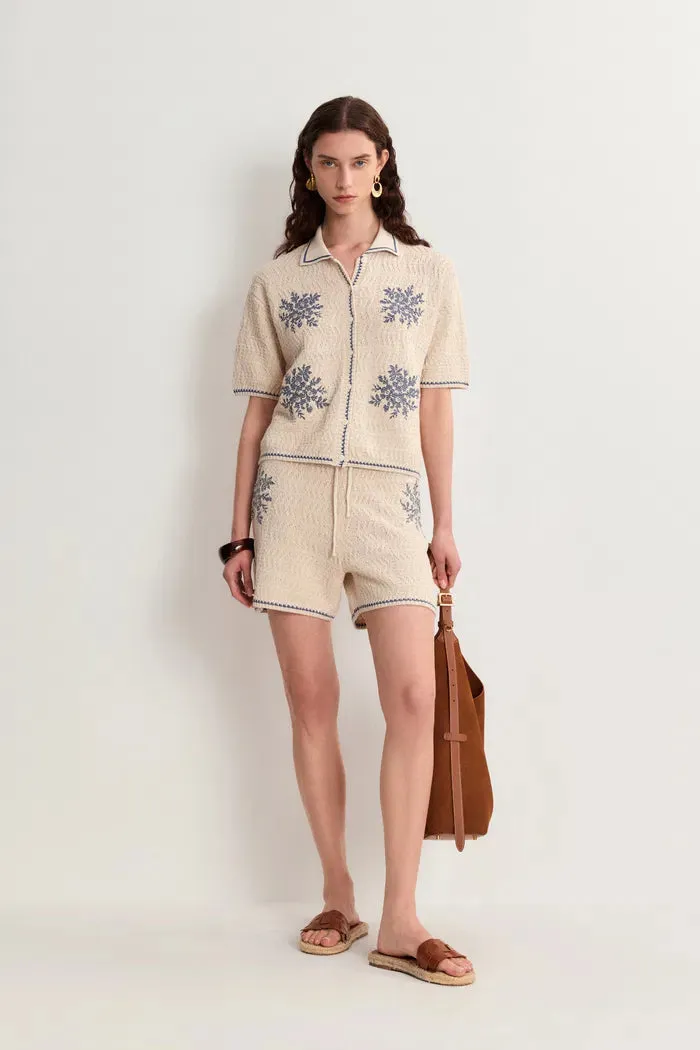 Gracia Embroidered Blue Flora Collared Top and Shorts Matching Set in Linen Blend Knit sold by Fabrique