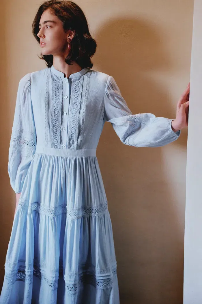 Eloise Cutwork Embroidery Long Puff Sleeve Dress in Fine-Pleated Viscose Blend sold by Fabrique product image thumbnail 3
