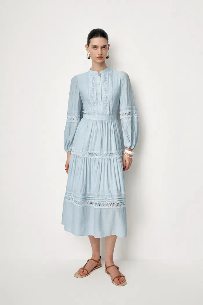 Eloise Cutwork Embroidery Long Puff Sleeve Dress in Fine-Pleated Viscose Blend sold by Fabrique