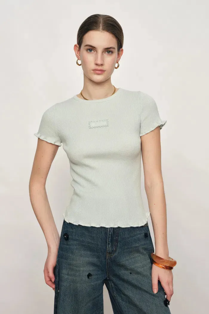 Linnea Mint Green Ruffled Sculpted T-shirt in Cotton Wool Knit sold by Fabrique product image thumbnail 2
