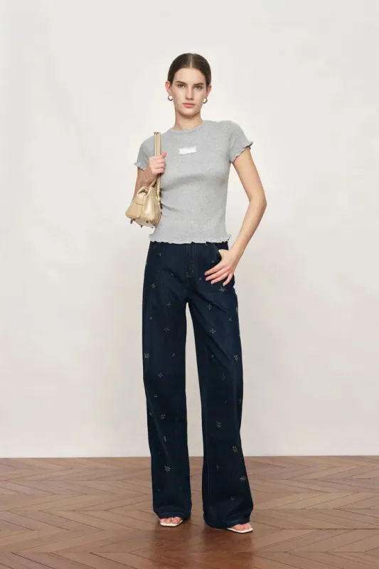 Linnea Grey Ruffle-Edge Sculpted T-shirt in Cotton Wool Knit made by Fabrique