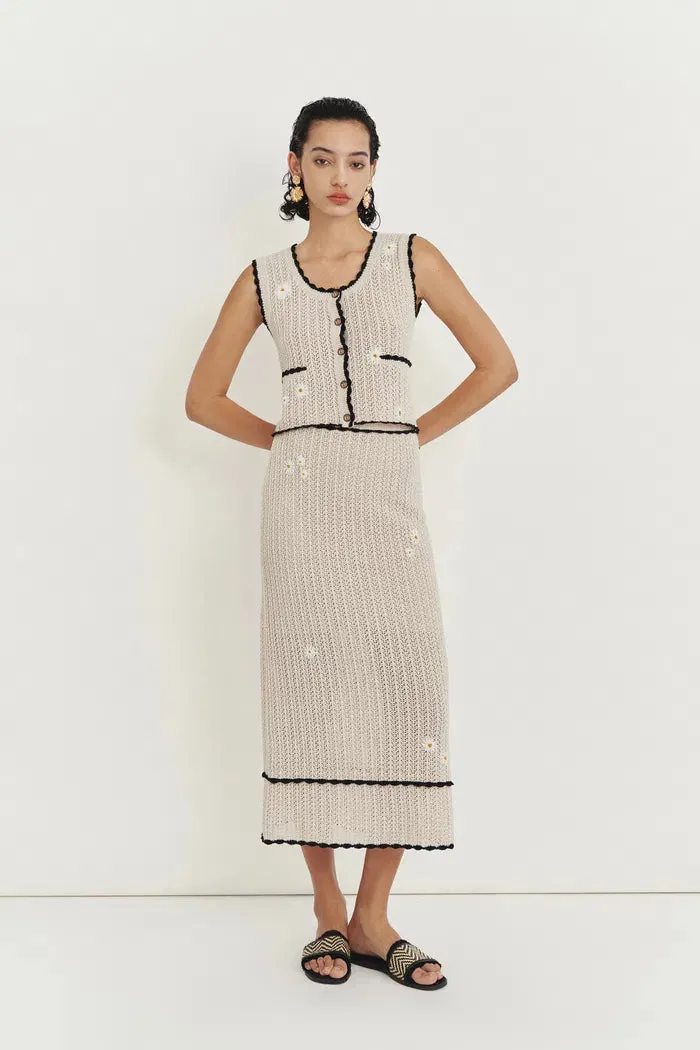 Azores Handcrafted Daisy Crochet Sleeveless Top and Palma Midi Skirt Set in Cotton-Linen Blend sold by Fabrique