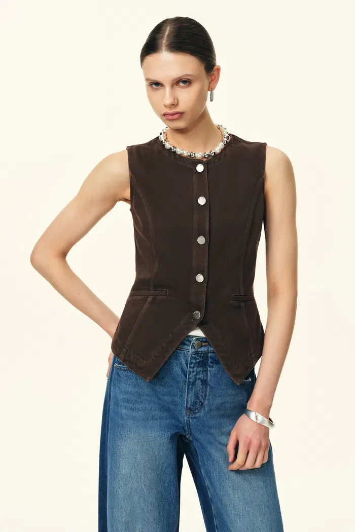 Elodie Fitted Round Neck Sleeveless Vest Top in Thin Denim sold by Fabrique product image thumbnail 2