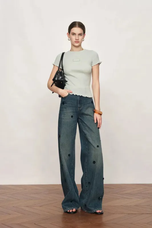 Linnea Mint Green Ruffled Sculpted T-shirt in Cotton Wool Knit made by Fabrique
