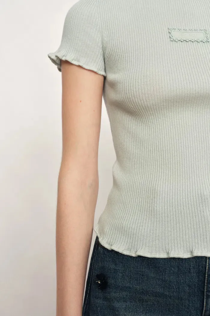 Linnea Mint Green Ruffled Sculpted T-shirt in Cotton Wool Knit sold by Fabrique product image thumbnail 5