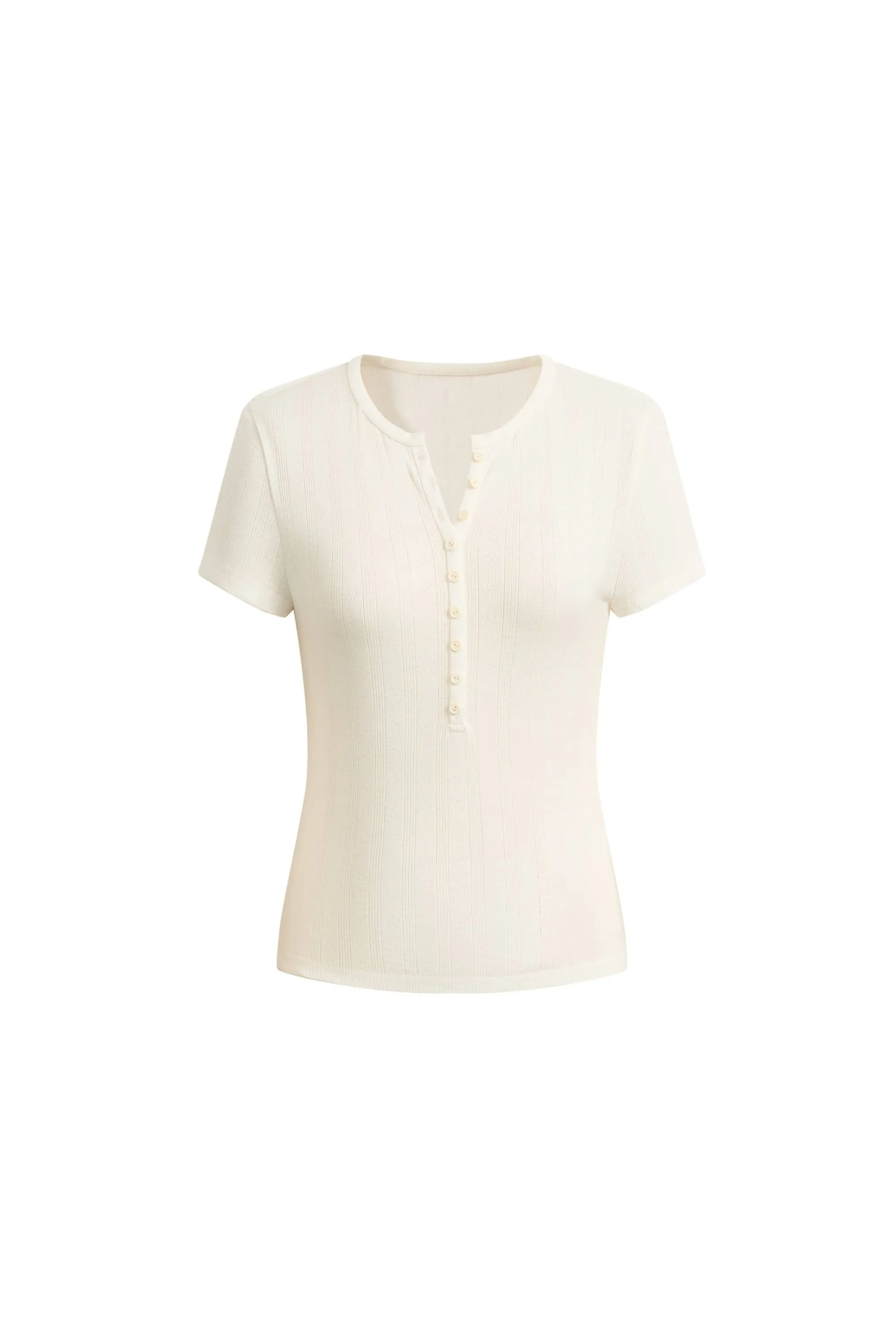Devi Henley Collar Short Sleeve Top in Pointelle Knit sold by Fabrique product image thumbnail 5