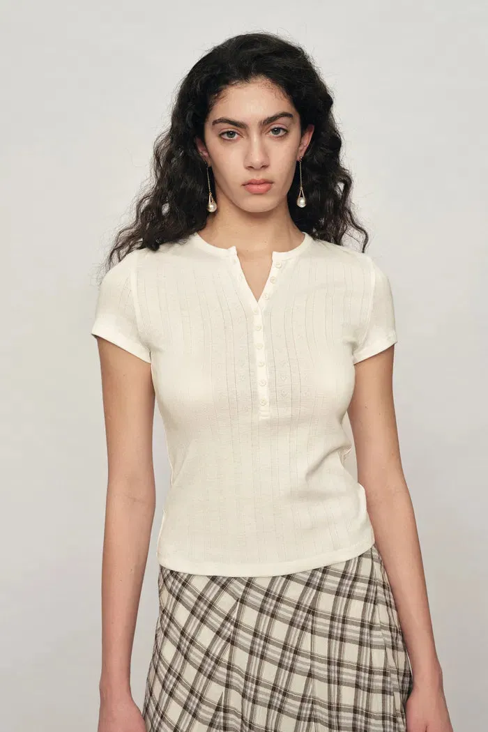 Devi Henley Collar Short Sleeve Top in Pointelle Knit sold by Fabrique product image thumbnail 2