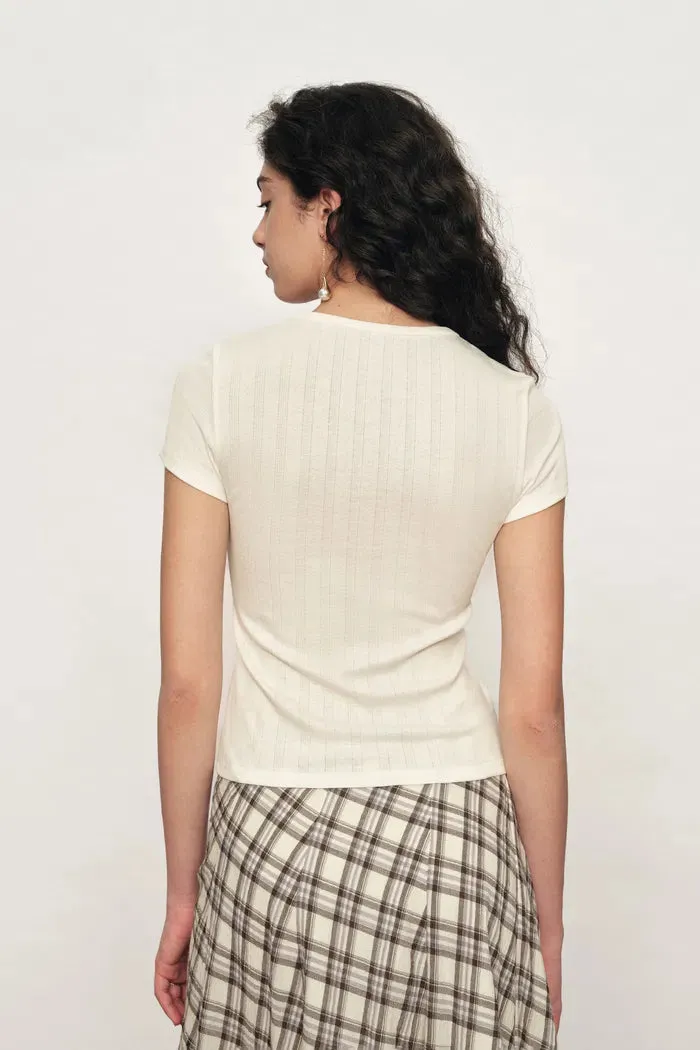 Devi Henley Collar Short Sleeve Top in Pointelle Knit sold by Fabrique product image thumbnail 3