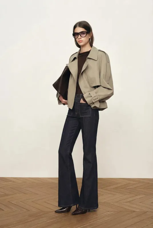 Elva Large Lapel Pleated Hem Short Trench Coat in Lightweight Blend made by Fabrique