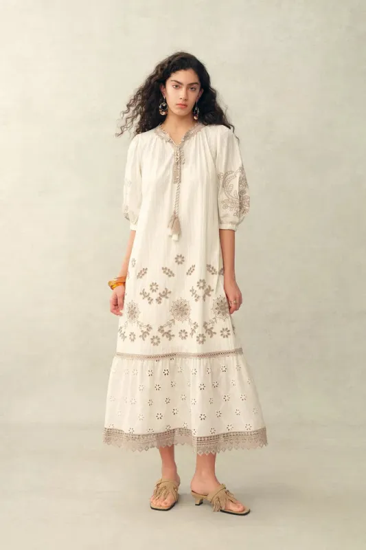 Viola Embroidery Puff-Sleeve Midi Dress in Cotton Jacquard made by Fabrique