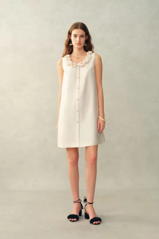 Yazmin 3D Floral Neckline Dress in Silk Wool Satin Knit made by Fabrique