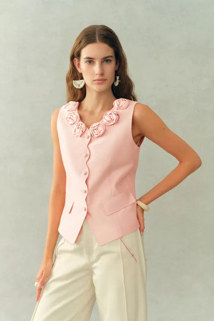 Cloris 3D Floral Neckline Sleeveless Vest Top in Silk Wool Satin sold by Fabrique product image thumbnail 4
