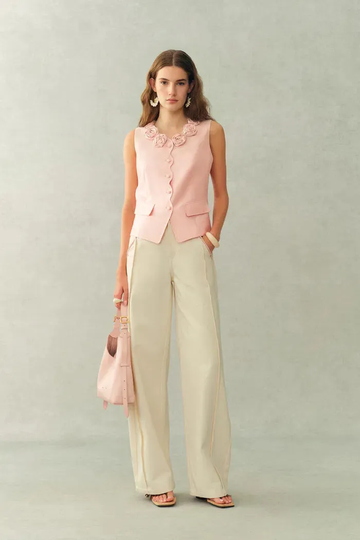 Cloris 3D Floral Neckline Sleeveless Vest Top in Silk Wool Satin sold by Fabrique