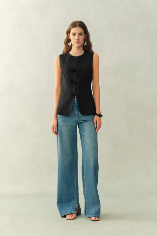 Becky Bow Tie Sleeveless Vest Top in Linen-Blend Suiting made by Fabrique