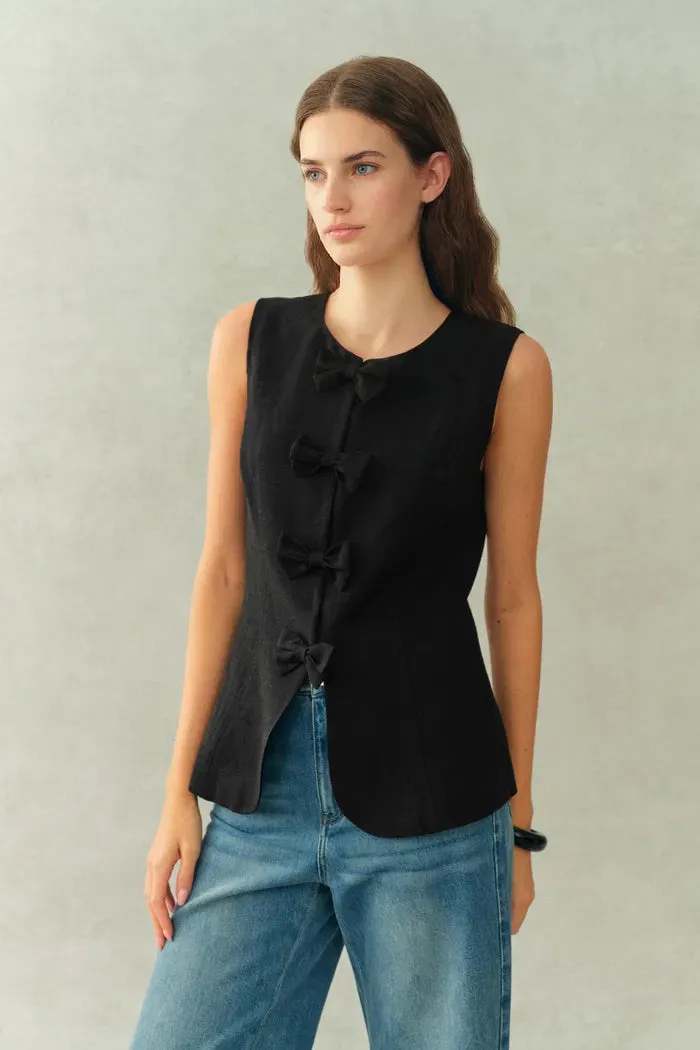 Becky Bow Tie Sleeveless Vest Top in Linen-Blend Suiting sold by Fabrique product image thumbnail 2