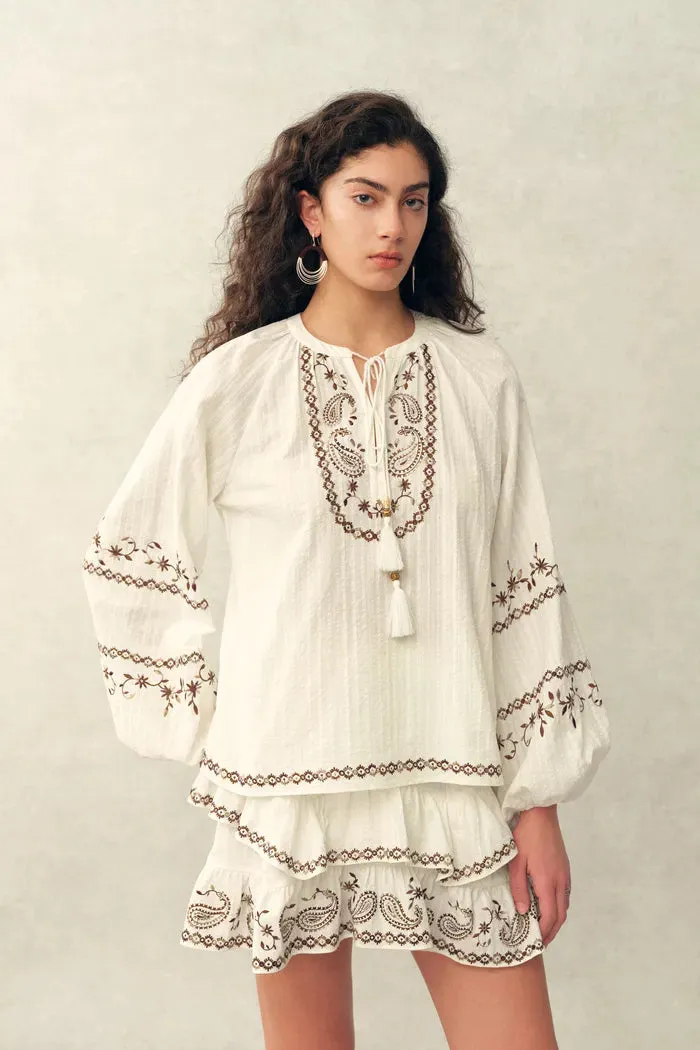 Brioche Beaded Tassel Tie Embroidery Blouse and Skirt Set in Crinkled Cotton sold by Fabrique product image thumbnail 2