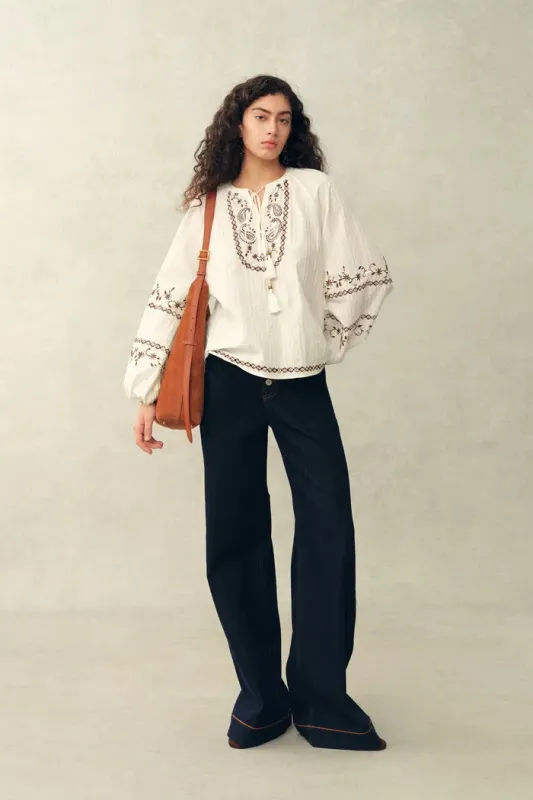 Brioche Beaded Tassel Tie Embroidery Blouse in Crinkled Cotton made by Fabrique