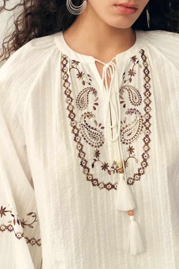 Brioche Beaded Tassel Tie Embroidery Blouse in Crinkled Cotton sold by Fabrique product image thumbnail 5